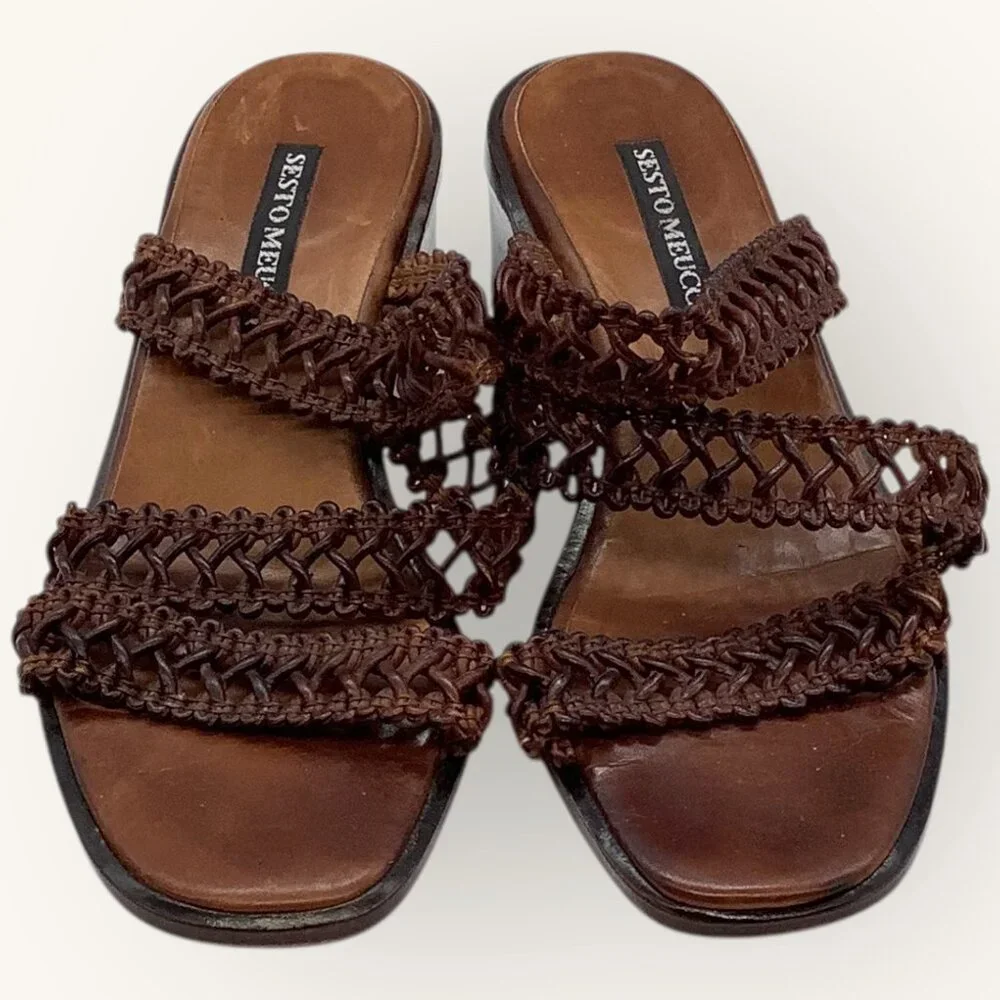 Vintage 90s Sesto Meucci Italian Leather Sandals 6 Woven Mule 2